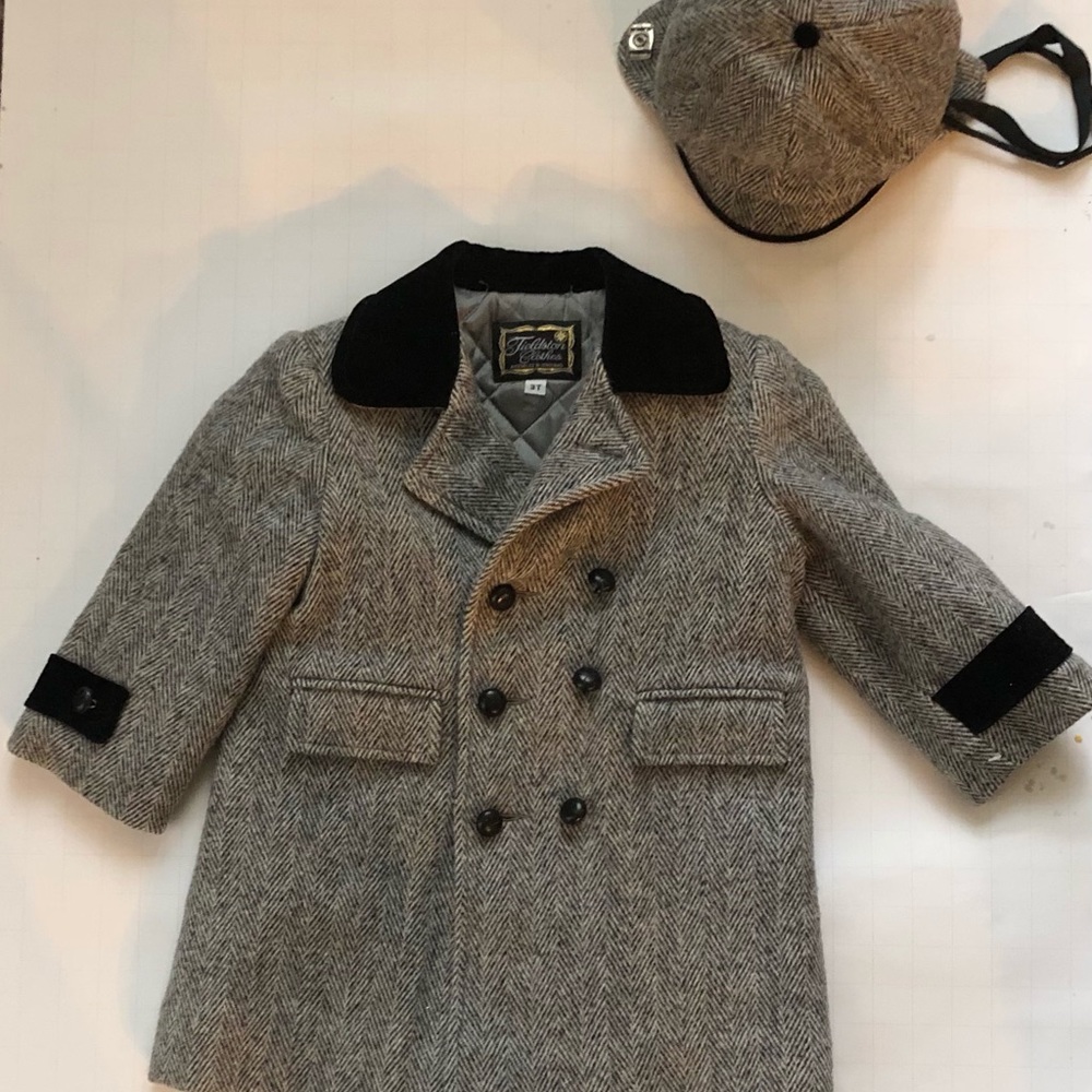 Fieldston Clothes Boys Wool/Velvet Collar Lined Dress Coat with Hat Sz 3